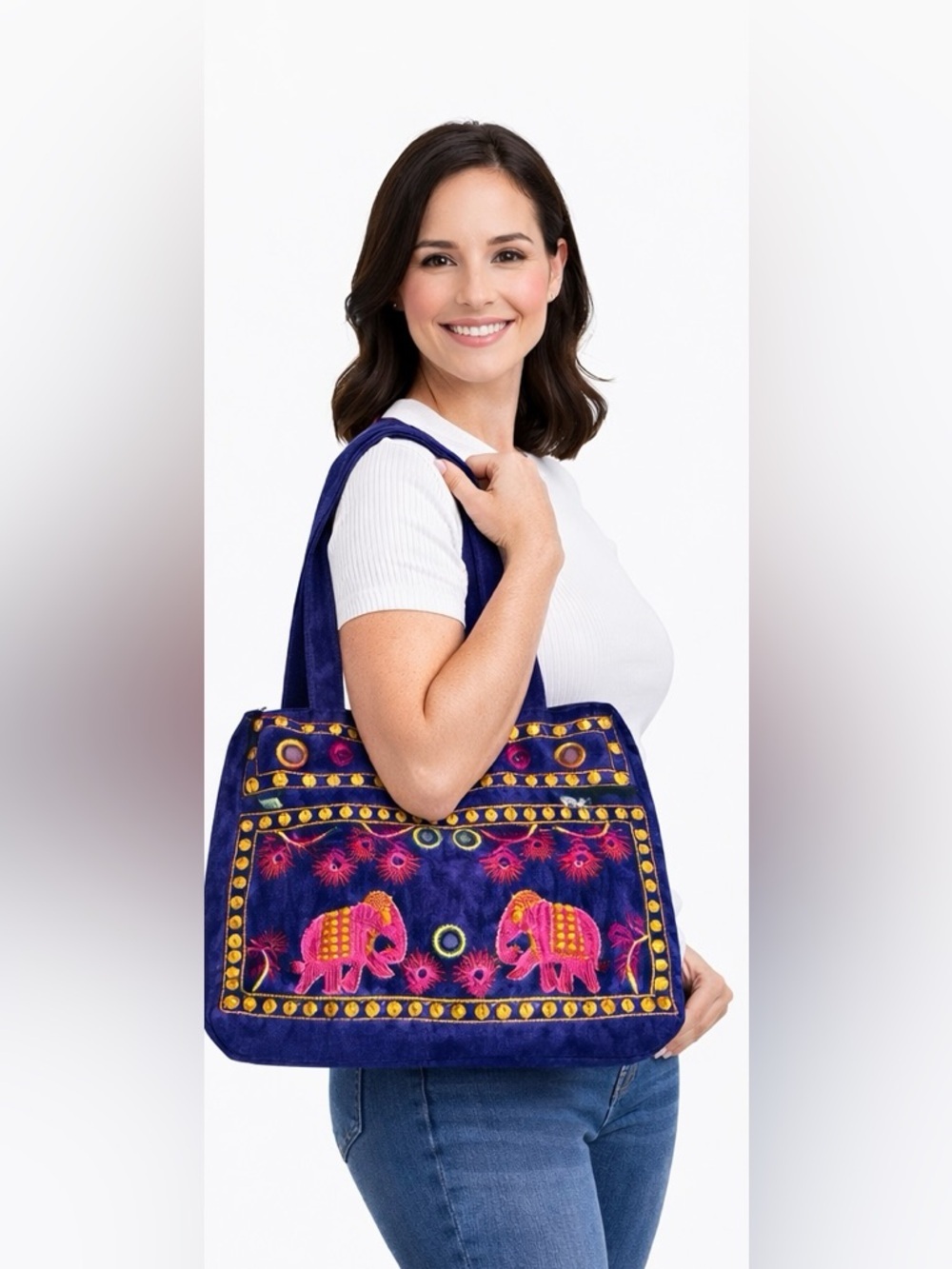 Royal Blue Velvet Embroidered Elephant Tote Bag Boho Indian Handbag